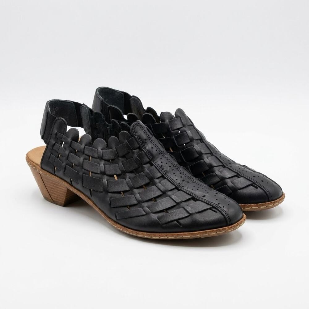 Rieker Black Leather Woven Huarache Slingback Comfort Sandals Witchy